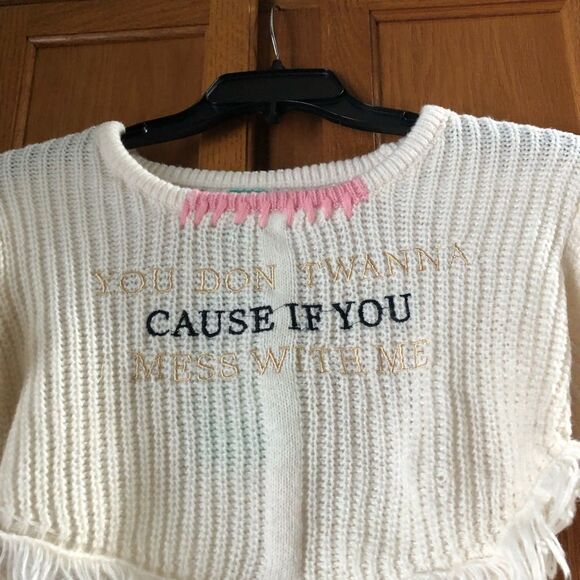 NWT Y2K School Girl Knit Embroidered Slogan Thrashed Crop Sweater - M - Picture 2 of 11